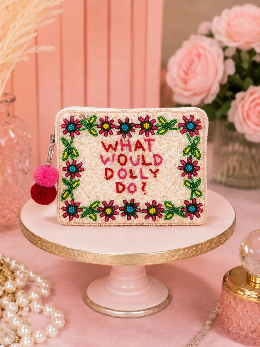 NEW DOLLY PARTON Seed Beaded Larger Style Pom-Pom Zipper Makeup Money Pouch